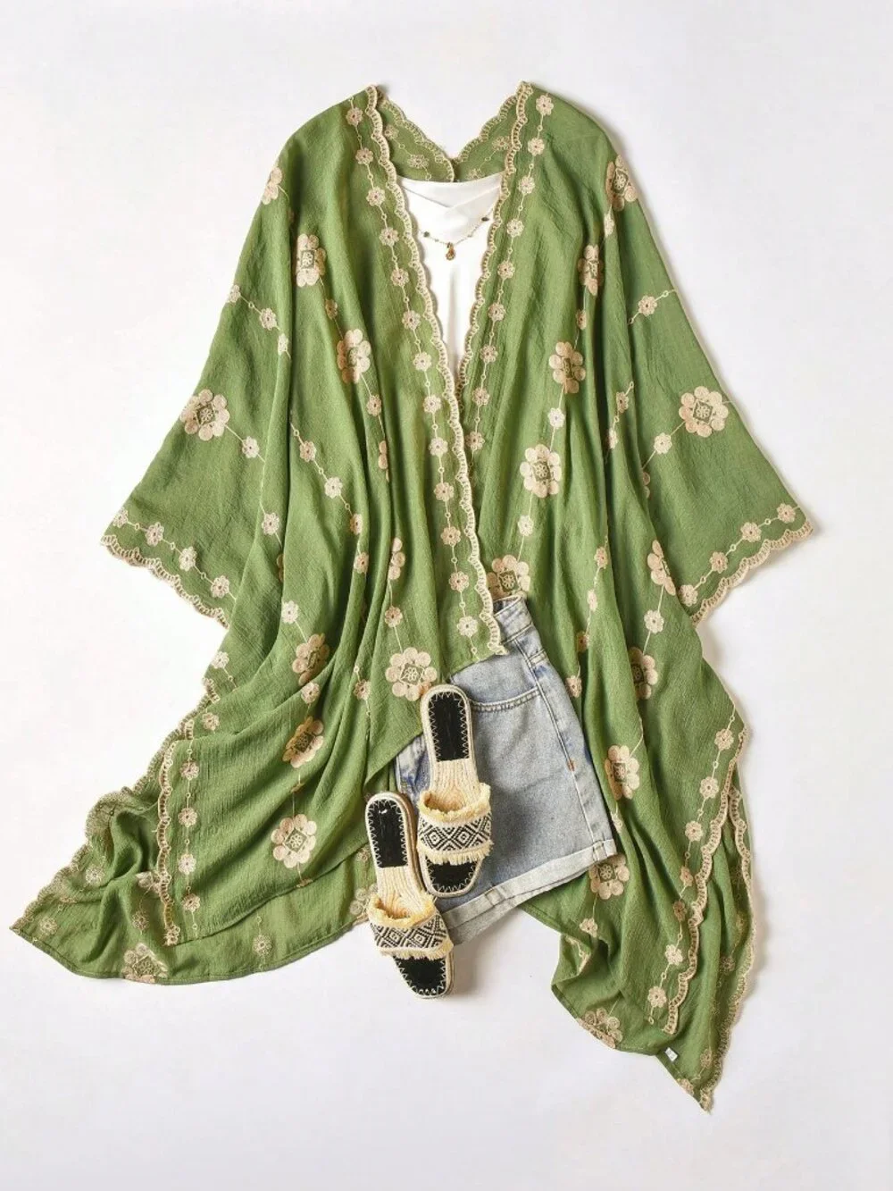 Green Elegant Bohemian Women's Floral Embroidered Kimono Sarong Cover-Up